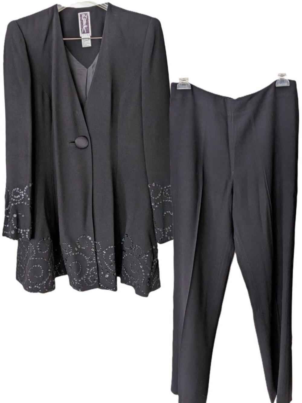 Vintage Zelda Black Sequin 2 Piece Pant Suit Set Size 10 Evening Formal 90s